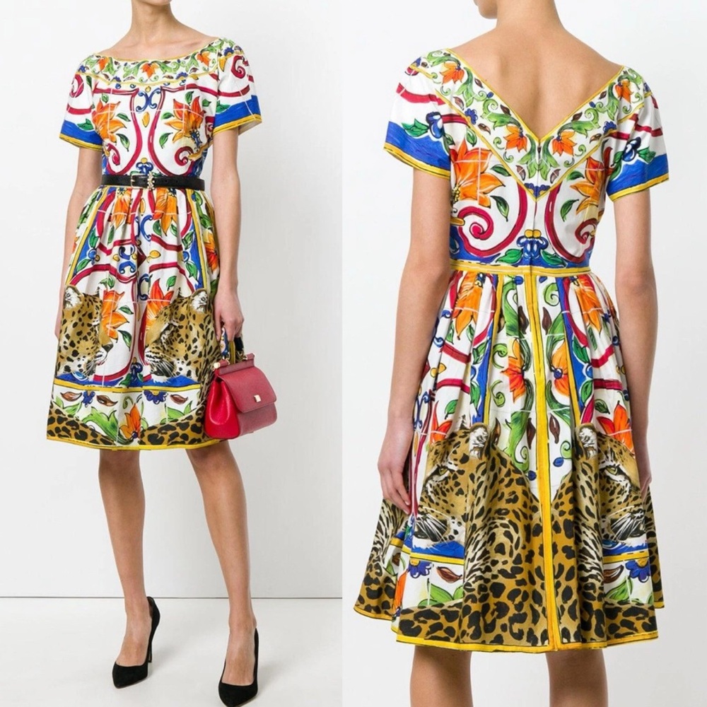 Dolce & Gabbana Majolica Leopard Print Silk Dress – Size 36 – Made in Italy NWT